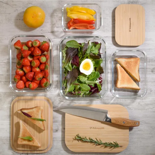 Miniatura 8 de Juego de 4 recipientes de vidrio apilables que ahorran espacio con tapas herméticas de bambú, para almuerzo, comidas y preparación de alimentos