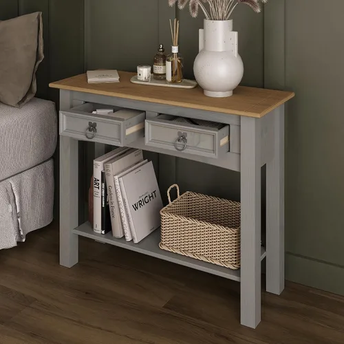 Miniatura 7 de Furniture Dash Mesa Consola de Pasillo de Madera Maciza 34.49" An, 12.64" Pr, 28.82" Al - Mesa de Entrada Estilo Granja con 2 Cajones, Oficina Gris