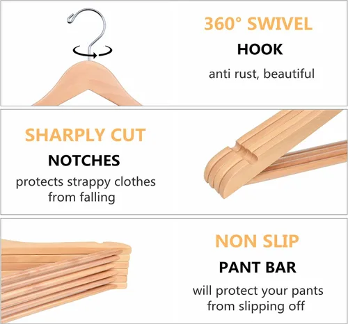 Miniatura 3 de Amber Home Paquete de 20 perchas de madera natural de 15 pulgadas para mujeres, adolescentes, perchas para camisas, chaquetas, perchas de madera