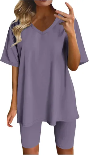Conjunto de verano de dos piezas para mujer, cuello en V, camisetas de gran tamaño, tops y pantalones cortos de ciclista, conjunto deportivo de