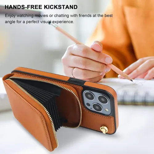 Miniatura 5 de KIHUWEY Funda tipo cartera cruzada para iPhone 14 Pro Max, funda con bolsillo con cremallera y soporte para tarjetas, funda protectora de piel Marrón