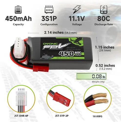 Miniatura 2 de OVONIC Batería Lipo de 11.1V 80C 450mAh 3S con enchufe JST