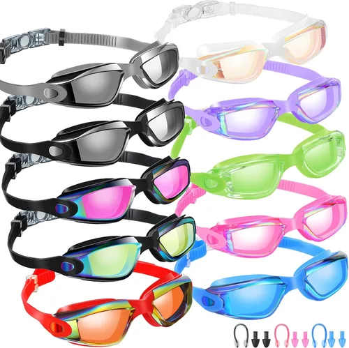 Miniatura 8 de Konohan Paquete de 10 gafas de natación a granel para niños y adultos, gafas de piscina antivaho de silicona sin fugas, gafas de natación
