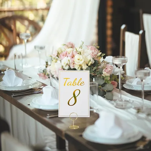 Miniatura 6 de Tarjetas de números de mesa doradas con soportes, 1-30 tarjetas de lugar doradas con soportes, número de mesa de doble cara de 4 x 6 para boda