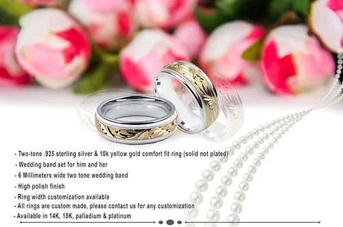 Miniatura 7 de Anillo de boda de plata esterlina y oro amarillo de 10 quilates, 8 milímetros, 2 tonos