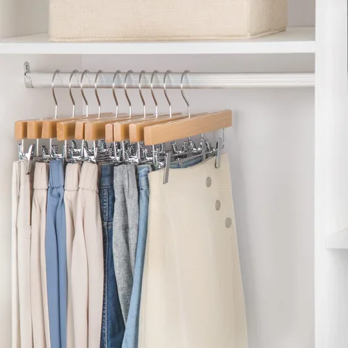 Miniatura 3 de Nature Smile Perchas de madera de loto maciza de lujo para pantalones, colgador inferior para jeans, falda con 2 clips ajustables, gancho Natural