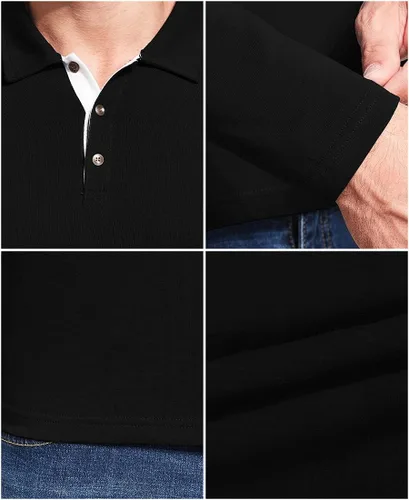 Miniatura 4 de KUYIGO Camisa polo de manga corta y larga para hombre, casual, ajustada, lisa, suave, con botones, de algodón, con cuello