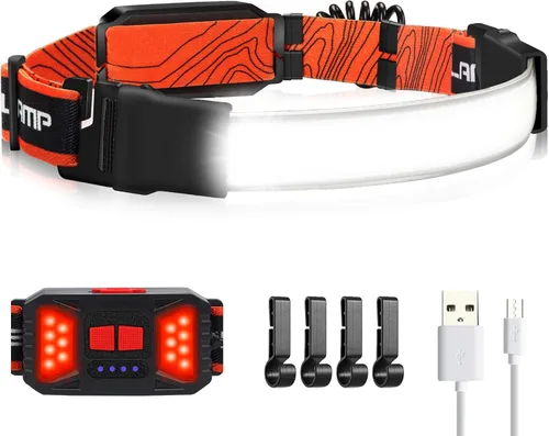Linterna Adelante LED recargable, linterna de cabeza de 1000 lúmenes con haz ancho de 230° para adultos, luz trasera roja y 4 clips, linterna