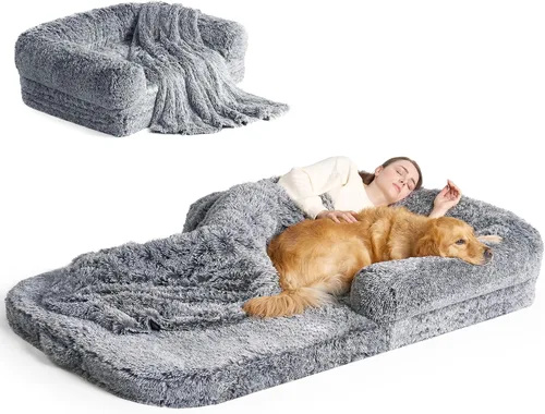 Miniatura 14 de EHEYCIGA Cama plegable XL para perros, 46 x 34 x 6.5 pulgadas, sofá cama mullida de piel sintética para perros grandes, cama ortopédica calmante