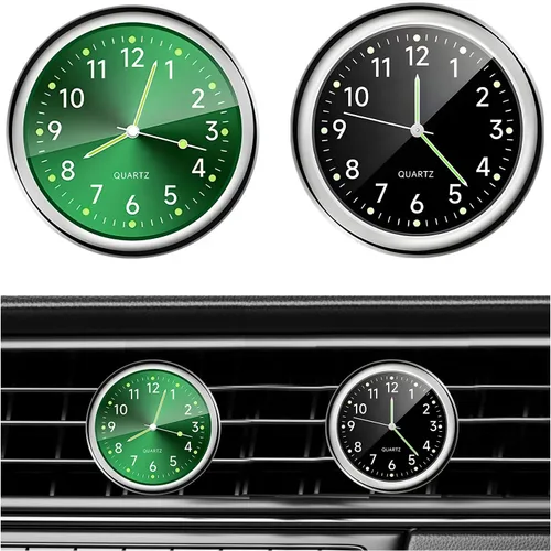 Dickno 2 piezas de reloj de tablero adhesivo para automóvil, mini relojes de ventilación analógicos de cuarzo luminosos, relojes de ventilación