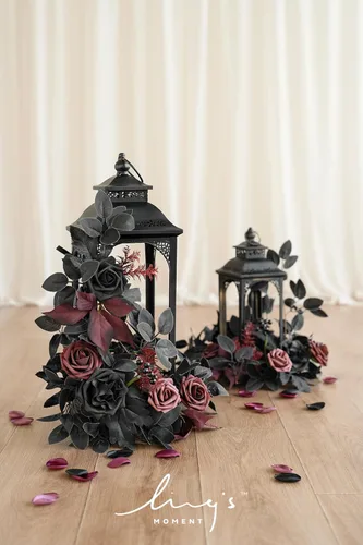 Miniatura 3 de Ling's moment Paquete de 6 guirnaldas de flores artificiales de 2 pies, farol negro y burdeos, centros de mesa de flores, decoración de pasillo