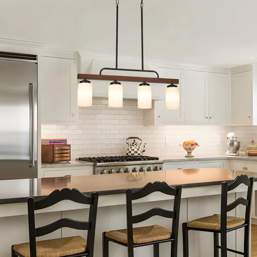 Miniatura 6 de Lámpara de Comedor Estilo Granja Sobre Mesa, Iluminación de Isla de Cocina de Madera Negra de 4 Luces con Vidrio Blanco Leche, Luces Colgantes