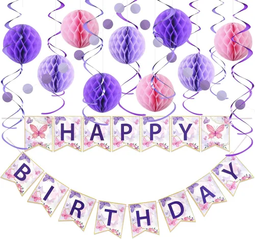 Miniatura 8 de Kit de decoraciones de cumpleaños pastel - Set de 17 piezas con pancarta de feliz cumpleaños pre-hilada, bolas de panal, guirnalda y remolinos