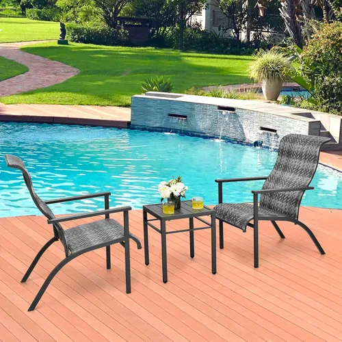 Miniatura 9 de RELAX4LIFE Juego de muebles de patio de 3 piezas, juego de bistró de mimbre para exteriores con mesa de café, respaldo ergonómico y reposabrazos