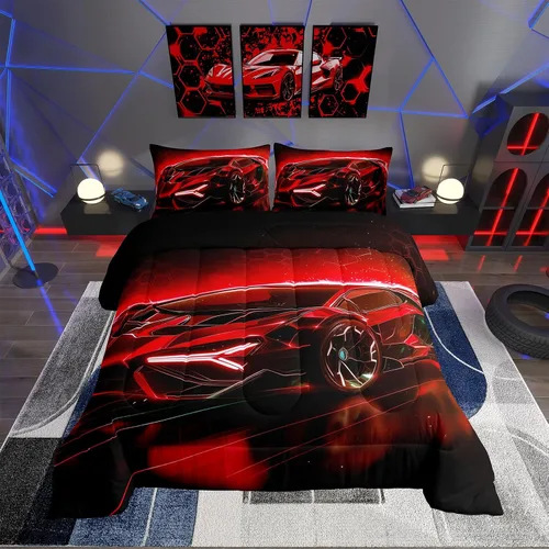 Miniatura 9 de Feelyou Juego de edredón para niños y niños con temática de autos deportivos tamaño individual azul con diseño de auto de carreras para niños