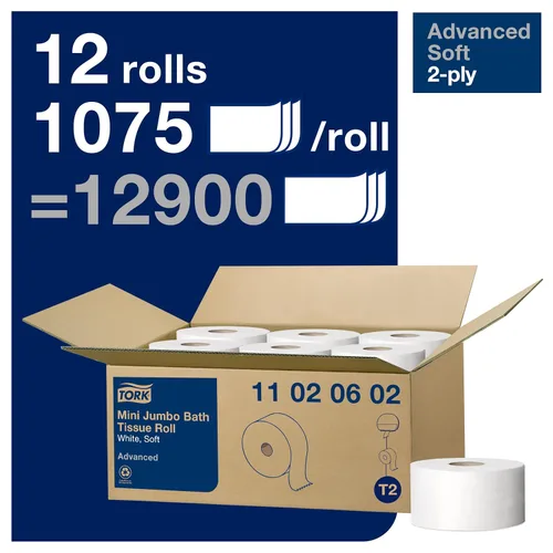 Miniatura 2 de Tork Mini Jumbo rollo de papel tisú para baño - Toallas de papel higiénico con calidad suave avanzada, compatible con dispensador T2 Tork, 12 rollos