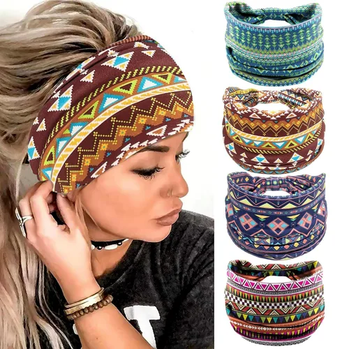 Miniatura 12 de Paquete de 4 diademas anchas para mujer, color negro, elegante, elástica, anudada, turbante de humedad, para entrenamiento, bandas para el sudor