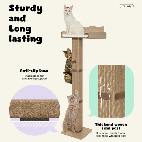Miniatura 4 de Percha para ventana de gato con poste rascador de sisal grueso, hamaca para gatos para ventana, poste rascador ajustable de 53.5 pulgadas para gatos