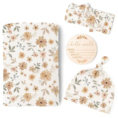 Miniatura 14 de Konssy Manta de Recién Nacida para Bebé Niña con juego de Banda para la Cabeza y Gorrito Set Manta Envolvente para Bebé para Guardería Crema