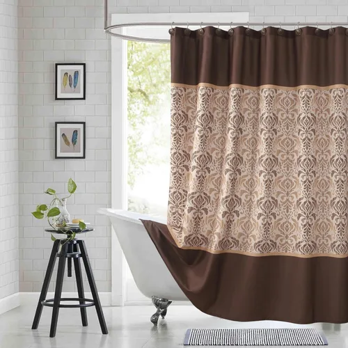 Miniatura 25 de Cortina de ducha larga de tela, cortinas de ducha de damasco bohemio con estampado de paisley en vino burdeos y oro amarillo, cortinas impermeables