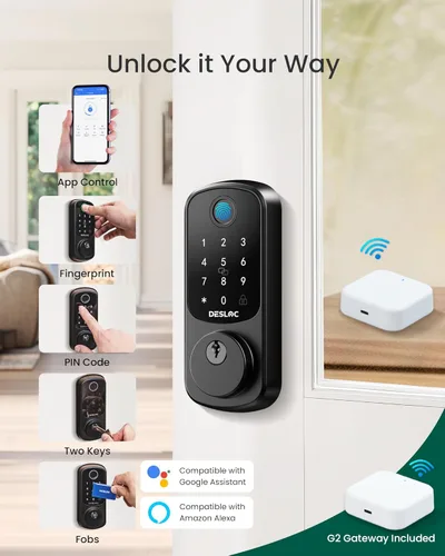 Miniatura 2 de DESLOC Smart Lock B200 versión WiFi, cerradura de puerta de entrada sin llave de huellas dactilares, control remoto de aplicación, cerraduras Negro