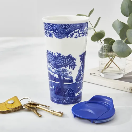 Miniatura 2 de Spode Taza de viaje de porcelana italiana azul de 8 onzas con tapa – Vaso con estampado escénico con borde decorativo – Taza de café de cerámica