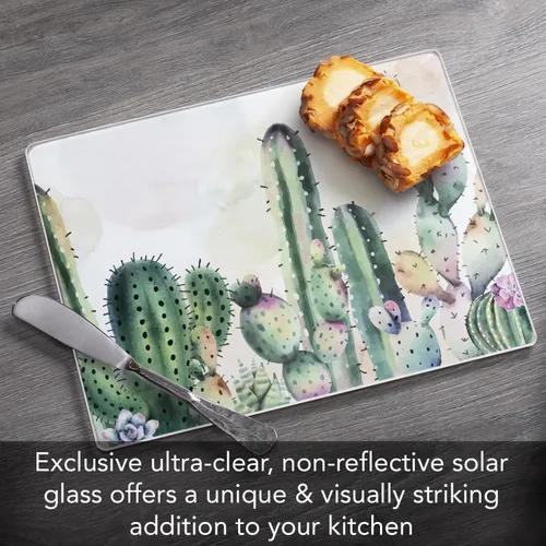 Miniatura 5 de CounterArt Tabla de cortar de vidrio templado de 0.118 in con cactus acuarela, 10 x 8 pulgadas, fabricada en los Estados Unidos, tabla de queso