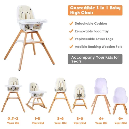Miniatura 2 de BABY JOY Silla alta 3 en 1, silla alta convertible Baby Eat & Grow de madera, silla mecedora, asiento elevador, sillas de comedor para bebés
