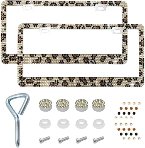 Miniatura 17 de Ziciner 2 piezas de marco de matrícula brillante, cubierta de etiqueta de matrícula brillante con diamantes de imitación multifacéticos, soporte