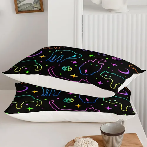 Miniatura 7 de Axolotl Juego de sábanas de gato negro de dibujos animados tamaño full, diseño de estrellas y luna impreso, ropa de cama para niños para decoración