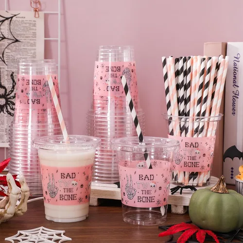 Miniatura 4 de JarThenaAMCS 50 Vasos de Plástico de Halloween con Tapas y Pajitas Vaso para Beber 12oz Rosa Negro Calavera Bad Two The Bone Vasos Desechables