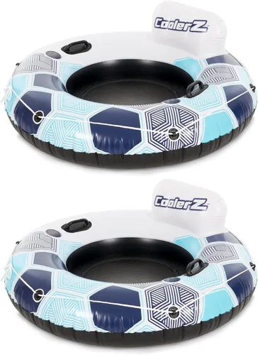 Miniatura 12 de Bestway 15496 CoolerZ Rapid Rider Inflatable River Lake Pool Inner Tube Float with Built in Backrest and Wrap Around Grab Rope, Blue Hexagon