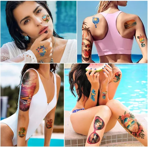 Miniatura 4 de 77 hojas de tatuajes temporales para mujeres y hombres, 17 hojas de tatuajes falsos de medio brazo de flores de playa, calaveras, atardeceres, 60