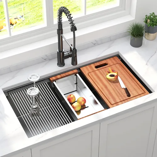 Miniatura 10 de Fregadero de cocina moderno con estación de trabajo de calibre 18 de 30 pulgadas, fregadero de cocina R10 de acero inoxidable de radio ajustado