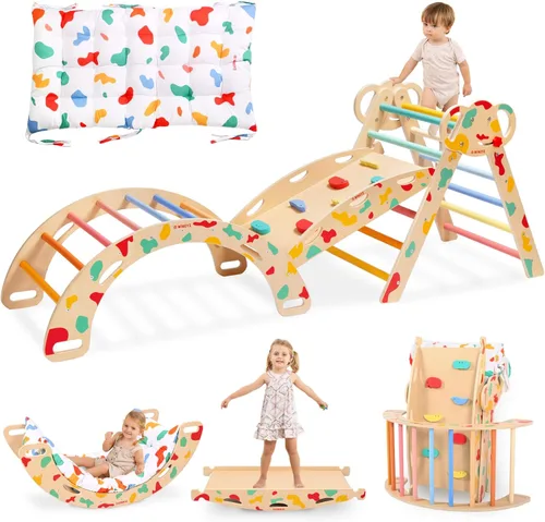 Miniatura 10 de wingyz Pikler - Juego de escalada triangular con cojín, plegable, 8 en 1, gimnasios de la jungla para niños pequeños de 1 a 3, parque infantil Teca