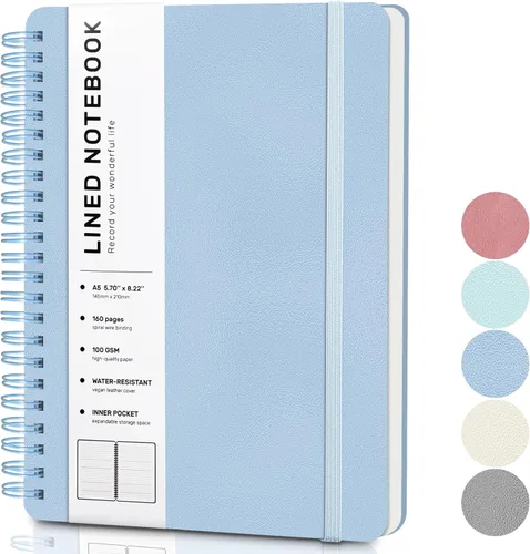 Miniatura 10 de Cuaderno de diario con líneas en espiral, cuaderno A5 de cuero de tapa dura para el trabajo, 5.7''×8.2'', papel grueso de 100GSM encuadernado