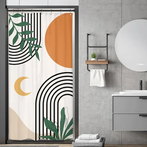 Riyidecor - Cortina de ducha pequeña estilo bohemio, tamaño mediano, 36 x 72 pulgadas, camper abstracto, diseño geométrico de mediados de siglo,