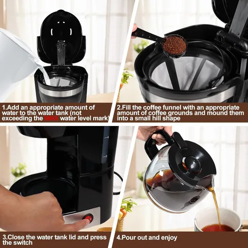 Miniatura 8 de Cafetera de goteo de 10 tazas, cafetera antigoteo de un solo toque con jarra de filtro reutilizable, para mantener el calor, cuchara, cafetera