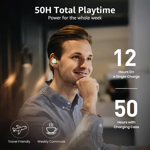 Miniatura 3 de TOZO Auriculares inalámbricos T6, auriculares Bluetooth 5.3, sonido estéreo en el oído, 50 horas de reproducción, estuche de carga inalámbrica, Verde