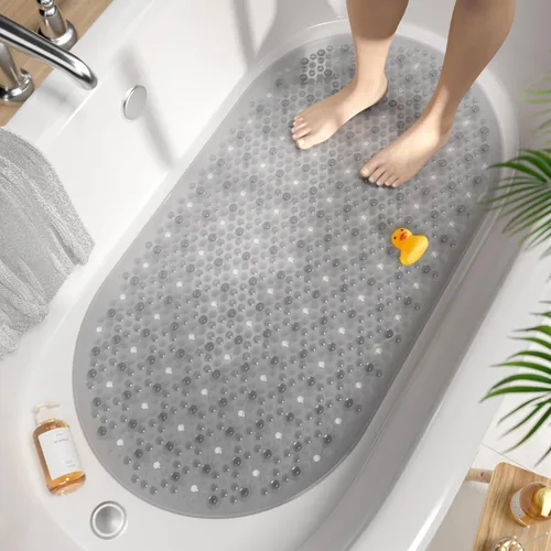 Miniatura 14 de HITSLAM Tapete antideslizante para bañera, 27 x 15 pulgadas, con ventosas y orificios de drenaje, lavable a máquina, ovalado, para niños, personas