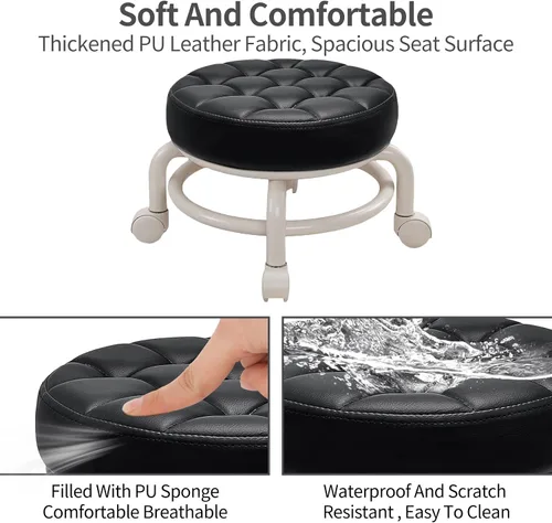 Miniatura 5 de Taburete bajo redondo rodante, de piel sintética, 360°, más cómodo, giratorio con cojín de esponja gruesa para salón de uñas, pedicura, spa y hogar