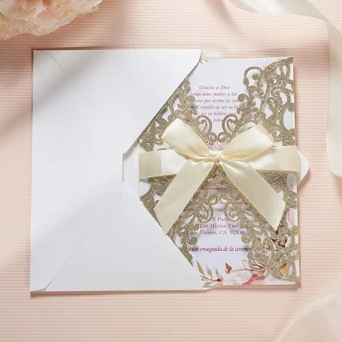 Miniatura 3 de AdasBridal 50 tarjetas de invitación de boda cortadas con láser con estampado floral, con sobre, hoja interior en blanco y cinta para boda, Dorado