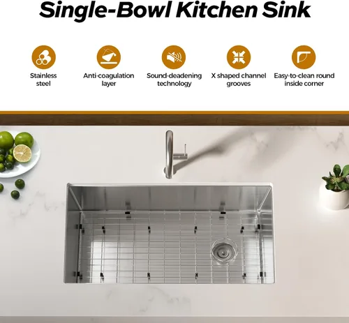 Miniatura 6 de Fregadero de cocina de 32 pulgadas para montar bajo encimera, acero inoxidable calibre 18, lavabo profundo grande con rejilla y colador