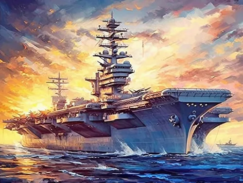 Pintura artística de diamante, portaaviones, buque de guerra, Segunda Guerra Mundial, tema militar, kit de ventilador del ejército para adultos,