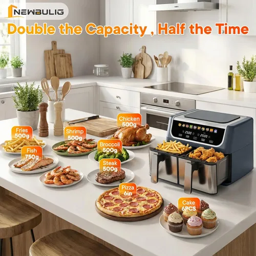 Miniatura 8 de NEWBULIG Freidora de aire doble con 2 cestas de 9.5 cuartos de galón, freidoras de aire grandes 10 en 1 con placa de cerámica para cocinar, cocinar