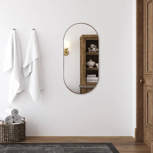 Miniatura 6 de Camden Reed Espejo de pared de metal en forma de píldora de 19.5 x 39.5 pulgadas, espejo de baño, espejo de dormitorio, espejo para tocador, nogal