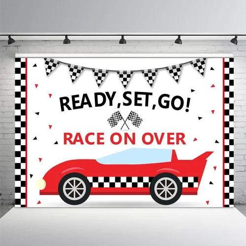 MEHOFOND Telón de fondo de fiesta de cumpleaños de coche de carreras, accesorios para niños, enciende tus motores, carreras sobre negro y rojo,