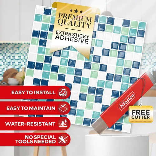 Miniatura 2 de XFasten 10 azulejos cuadrados para despegar y pegar para cocina, 10 unidades de 12 x 12 pulgadas con cortador, azulejo de mosaico cuadrado azul