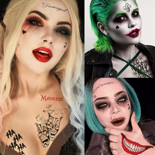 Miniatura 4 de GOROMON Juego de 6 hojas de tatuajes temporales de The Joker para Halloween, calcomanías de tatuajes de bromista de escuadrón suicida para mujeres