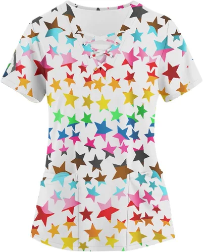 Tops médicos de talla grande para mujer, tops estampados para mujer, estampado de dibujos animados, manga corta, camisetas de lactancia con bolsillos